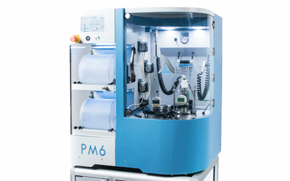 PM6 Precision Lapping and Polishing Machine with driven jig roller, WG power connection, bluetooth connectivity, metered abrasive dispensing unit with abrasive cylinder, sodium hypochlorite resistant (220-240v/50Hz)