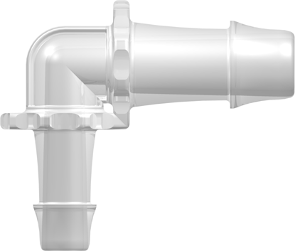Elbow Reduction Tube Fitting with 500 Series Barbs 3/4in (19.0 mm) and 1/2in (12.7 mm) ID Tubing Animal-Free Natural Polypropylene