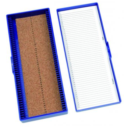 Microscope slide box, blue for 25 microscope slides, cork insert 76x26 mm