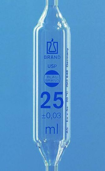 Bulb pipette 25 ml, 1 mark USP, BLAUBRAND®, cl.AS, conform. cert., blue grad. AR-Glas®, incl. USP batch certificate_1492951