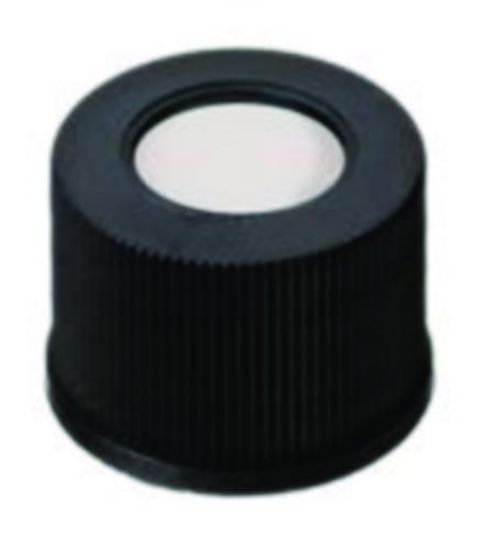 LLG-Screw caps N 10 (bonded), black PP, center hole, Silicone white/PTFE beige, hardness:45°,shore A,thickness: 1.5 mm,pack of 100_1575688