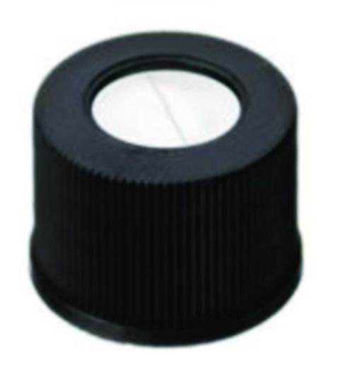 LLG-Screw caps N 10 (bonded), black PP, center hole, silicone white/PTFE blue,slitted, hardness:45°,shore A,thickness:1.5 mm, pack of 100_1575693