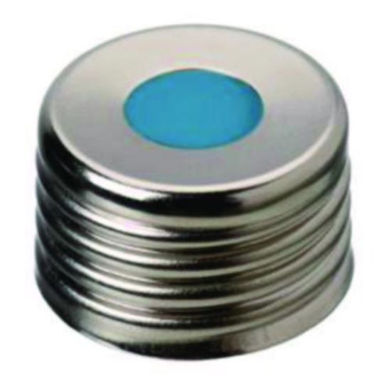 LLG-Magnetic screw cap N 18, silver, center hole Silicone blue transparent/PTFE white, Hardness: 45° shore A, Thickness: 1.5 mm pack of 100pcs_1575945