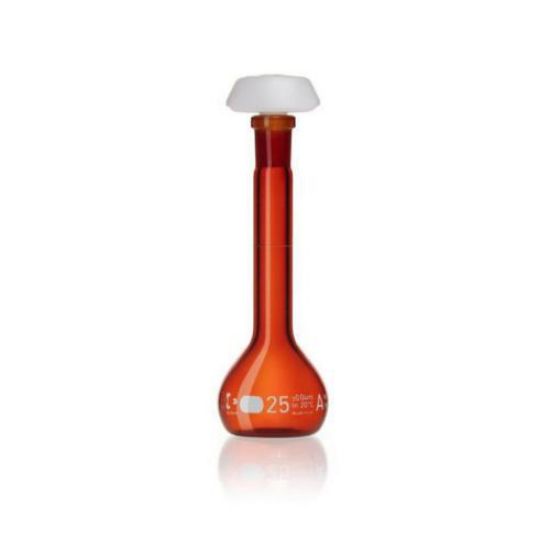 DURAN® Volumetric flask 25 ml, amber coloured class A, white graduation, batch certificate, one graduation mark, polyethylene stopper,NS 10/19_1589753