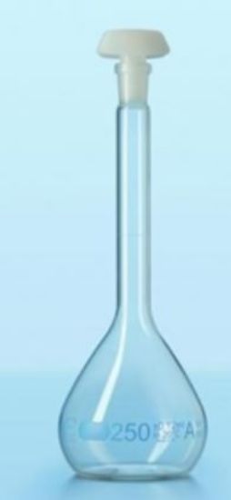 DURAN® Volumetric flask 50 ml, class A blue grad.,USP conformity, individual certificate, graduation mark, polyethylene stopper, NS 12/21_1589791