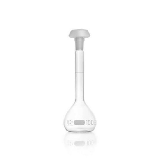 DURAN® Volumetric flask 100 ml, class A blue grad.,USP conformity, individual certificate, graduation mark, polyethylene stopper, NS 14/23_1589793