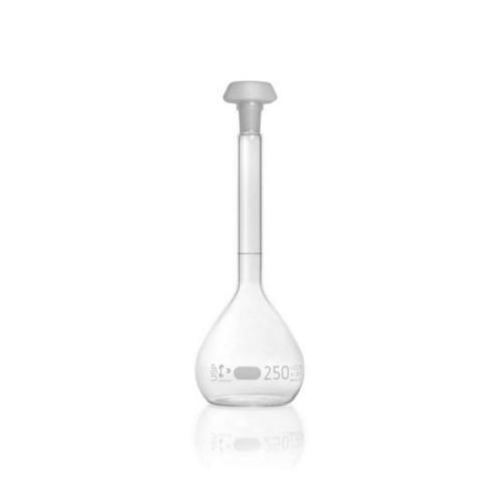 DURAN® Volumetric flask 250 ml, class A blue grad.,USP conformity, individual certificate, graduation mark, polyethylene stopper, NS 14/23_1589797