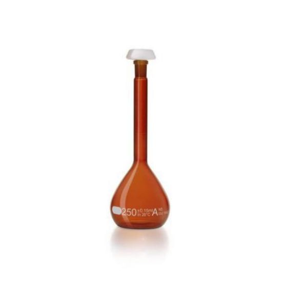 DURAN® Volumetric flask 250 ml, amber coloured class A, white grad., individual certificate, one graduation mark, polyethylene stopper,NS 14/23_1589835