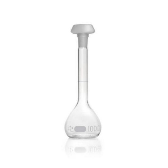 DURAN® Volumetric flask 100 ml, class A blue graduation, batch certificate, one graduation mark, polyethylene stopper,NS 14/23_1589859