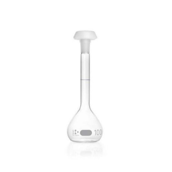 DURAN® Volumetric flask 100 ml, class A blue graduation, individual certificate, one graduation mark, polyethylene stopper,NS 14/23_1589967
