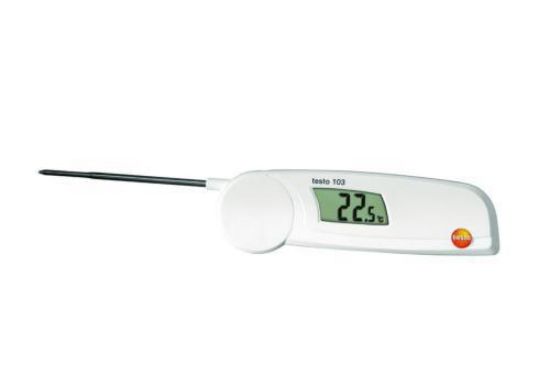 Pocket thermometer testo 103With foldable penetration probe. Compact and splash proof.-HACCP compliant, EN 13485 certified-Protection class IP 55Specifications Measuring range/Resolution: -30 ¼ 220 °C / 0.1 °C Accuracy: ±0.5 °C (-30 ¼ 9_1598545