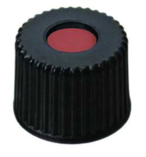 LLG-Screw caps N 8, black PP, center hole, Red Rubber/PTFE beige, Hardness: 45°shore A,Thickness: 1.3 mm,pack of 100_1729692