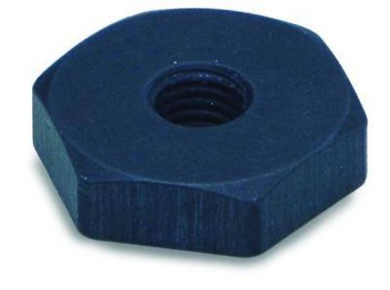 Model:080A13 - Sensor mounting pad, adhesive mount to machine, 3/4" hex x 0.2" thk, 1/4-28 threaded hole for sensor mount_1101483