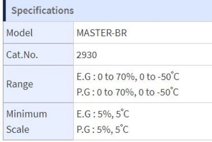Atago, Analog Refractometer, MASTER-BR, Ethylene Glycol / Propylene Glycol, E.G: 0 to 70%, 0 to -50degC P.G: 0 to 70%, 0 to -50degC_1137303