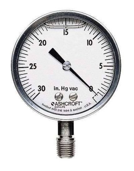 Ashcroft, 1009 Glycerin Liquid-Fill Stainless Steel Pressure Gauge, 25-1009-SWL-02L-100#, 2.5" Dial, 1/4" NPT (M) Lower Connection, 0 to 100 psi_1163585