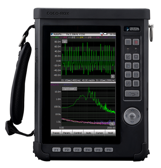CoCo-80X system: Six 24 bit inputs, One 24 bit output, tacho, sampling up to 102.4 kHz, 150 dBFS, 128 GB SD card, Wi-Fi, CAN-Bus, 7” touch screen color LCD. Software includes Standard DSA (C80X-01) FFT, trigger, recording, ZOOM, filter, his