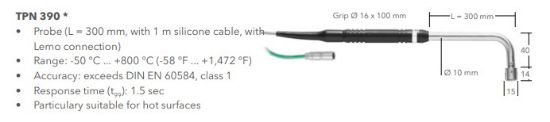 TPN 390 Surface probe with 1 m silicone cable, L = 300 mm, up to +800 °C (+1,472 °F), Lemo. Surface probe up to +800°C_1888558