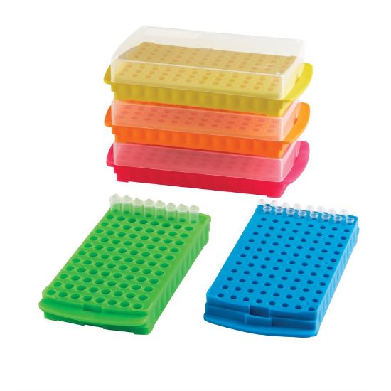 96-Well reversible rack, PP, assorted colors 96 wells for 0.5 ml on one side, and 96 wells for 1.5 to 2.0 ml on the other side_1499235