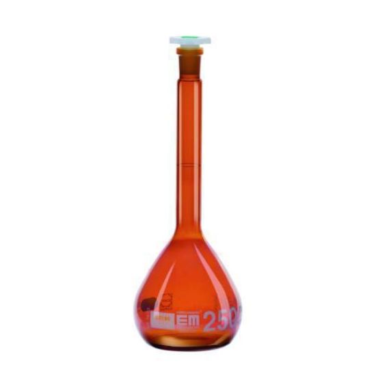 Volumetric flask 250ml, cl.A, amber, DURAN NS 14/23, PE stopper, white graduation_1508182