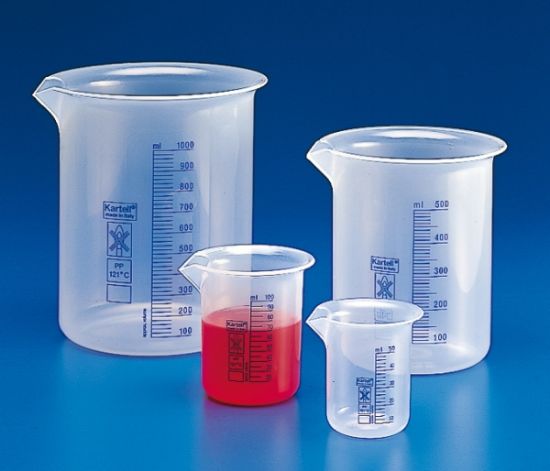 Griffin beaker 100ml, blue graduation PP, low form, autoclavable up to 121°C for 20 min._1553536