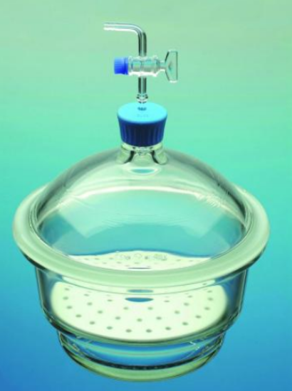 Desiccator Ø 250 mm with plastic knob lid, stopcock and porcelain plate, boro 3.3_1564912