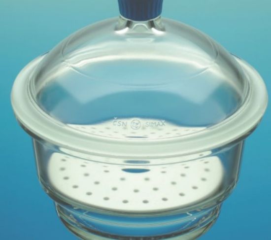 Desiccator 150 mm diameter with plastic knob lid and porcelain plate, boro 3.3_1563979
