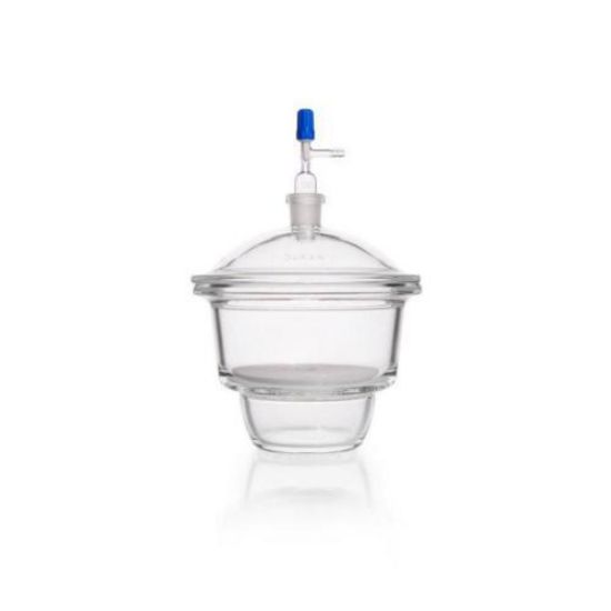 Vacuum-Desiccator NOVUS DN 150 clear DURAN®, with porcelain plate, with NS-junction tube in lid, stopcock and plane flange_1569556