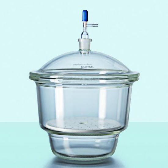 Vacuum-Desiccator NOVUS DN 300 clear DURAN®, with porcelain plate, with NS-junction tube in lid, stopcock and plane flange_1569562