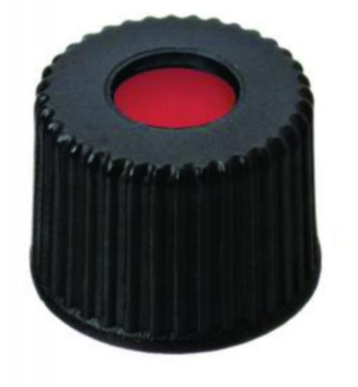 LLG-Screw caps N 8, black PP, center hole, PTFE red/Silicone white/PTFE red, Hardness: 40°shore A,Thickness: 1.0 mm,pack of 100_1575643