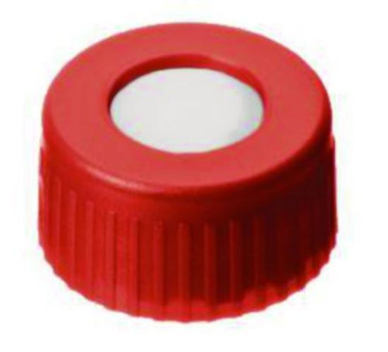 LLG-Screw caps N 9, PP, red, center hole, Silicone white/PTFE red, Hardness: 40° shore A, Thickness 1.0 mm, pack of 100_1575668
