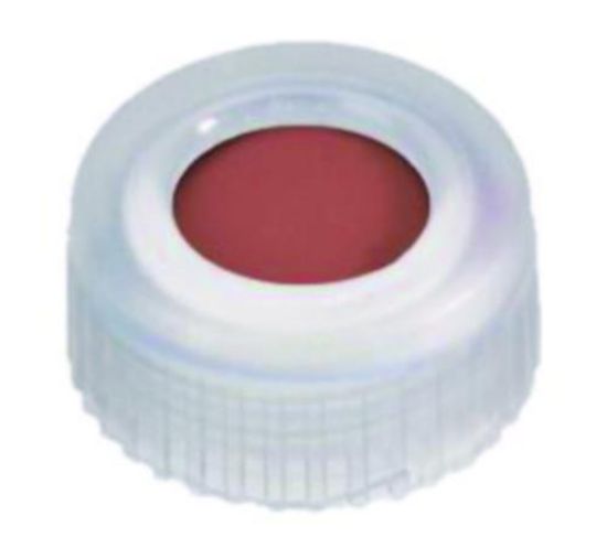 LLG-Screw caps N 9, transparent PP, center hole, Red Rubber/FEP colourless, hardness:40° shore A,thickness:1.0 mm,pack of 100_1575682