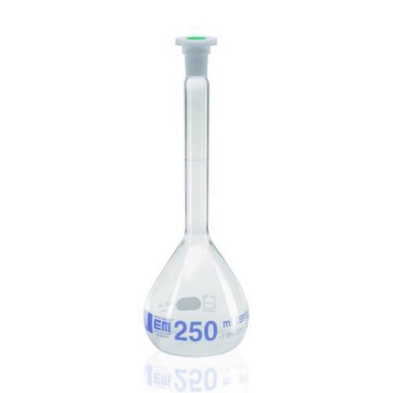 Measuring flask 250 ml, DURAN, cl.A NS 14/23, with poly-stopper blue graduated, USP_1582590