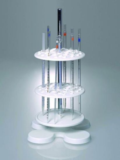 Pipettes stand, PP, chrome-plated steelFrame for pipettes with two rotating perforated plates and drip pan. For drying and space-saving storage of pipettes, thermometers and test tubes. The holders are suitable for up to 40 pipettes up to a_1607889