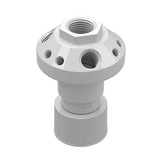 Cole-Parmer VapLock Solvent Waste Manifold, PTFE, GL38, 1x1/2"NPTF, 3x1/4"NPTF, 6x1/4"-28 UNFF; 1/ea_1240848