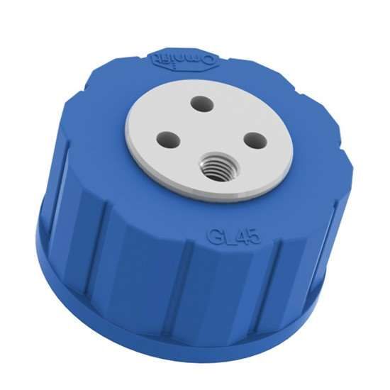 Diba Omnifit® T-Series Solvent Bottle Cap, GL45, 3 Luer ports and 1 venting port, blue; 1/ea_1479433