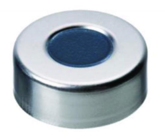 LLG-Aluminium crimp cap N 20, silver, center hole Butyl dark grey/centrical PTFE-lamination grey, Hardness: 50° shore A, Thickness: 3 mm_1576314