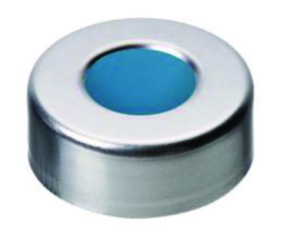 LLG-Alu crimp cap N 20, silver hole, silicone blue transparent/PTFE colourless, hardness 40° shore A, septa thick.3mm, pack of 100_1576316