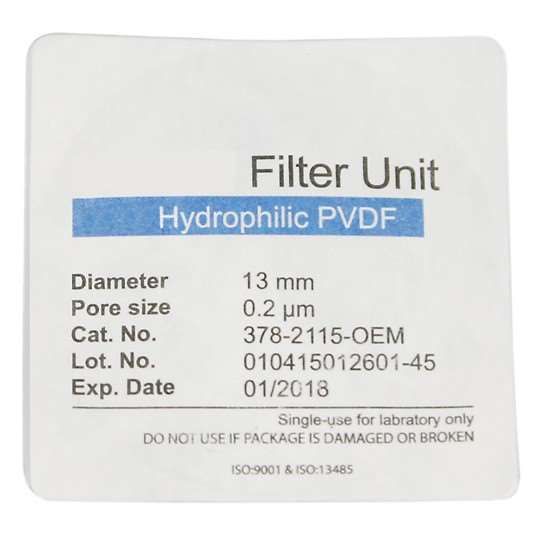 Cole-Parmer Syringe Filter, 13 mm, 0.22 um PVDF, Sterile; 100/Pk_1227587