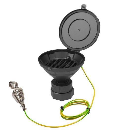 Safety funnels with hinged lid, V2.0, black, HDPE, electrostatic conductiveThis compact funnel with lid is optimally suited for restricted space conditions in the laboratory. The hinged lid closes the funnel clean and safely. The removable_1915323