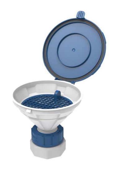 Safety funnels with hinged lid, V2.0, white/blue, HDPEThis compact funnel with lid is optimally suited for restricted space conditions in the laboratory. The hinged lid closes the funnel clean and safely. The removable sieve collects magnet_1915327
