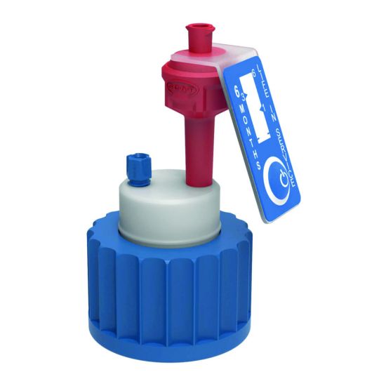 Safety Caps, 38-430For the safe withdrawal of solvents. Screw caps, with freely movable insert made of PTFE, with PFA fittings for capillaries and an air valve. For maximum efficiency, we recommend that the vent is changed every 6 months.Sc_1915428