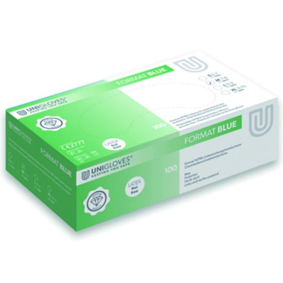 Nitrile gloves, size M 7-8 UNIGLOVES "FORMAT", blue, non-sterile powder free, beaded cuff, pack of 100_1813412