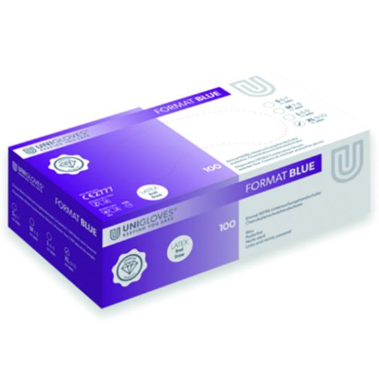 Nitrile gloves, size XL 9-10 UNIGLOVES "FORMAT", blue, non-sterile powder free, beaded cuff, pack of 100_1813609
