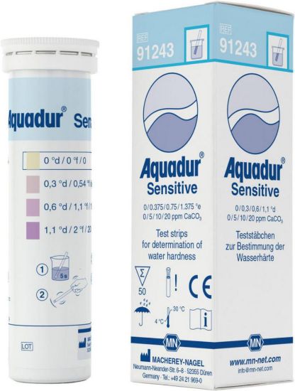 Test stripes AQUADUR® Sensitive gradation: 0-0,3-0,6-1,1 °d / 0-5-10-20 ppm CaCO3, pack of 50_1729598