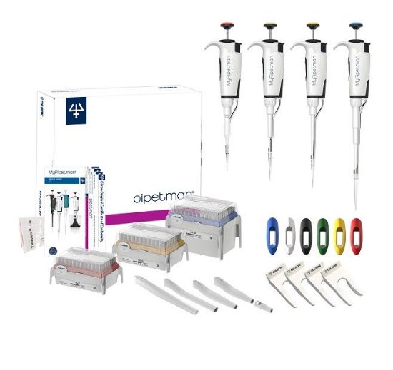 MyPIPETMAN Select 4-pipette Kit with DIAMOND tips, SINGLE pipette holders, plastic ejectors, and Colored windows._1918210