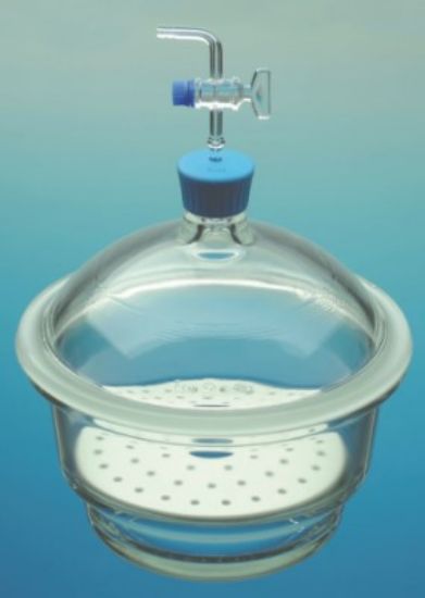 Desiccator 200 mm diameter with plastic knob lid, stopcock and porcelain plate, boro 3.3_1564890
