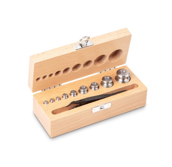 Weight set, M2, 1 g; 50 g, Button, Stainless Steelfine turned, in wooden case, 1 g; 50 g, M2,_1930774