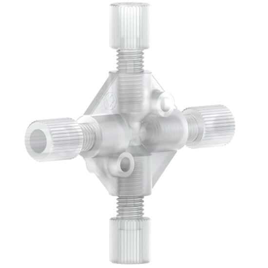 Idex P-635 Low-Pressure Cross Assembly, Natural ETFE, 0.050" Bore, 1/8" OD Tubing, 1/4-28 Flat Bottom; 1/EA_1486678