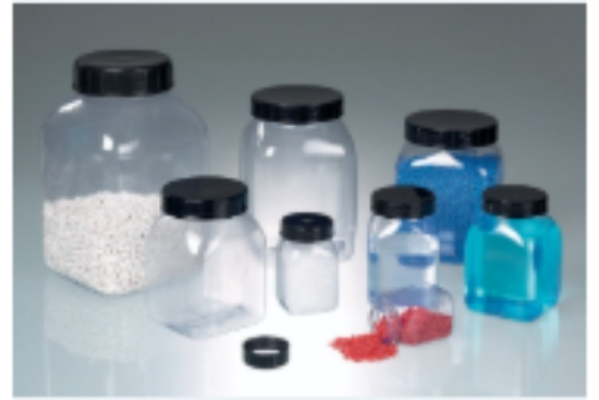 Square wide-mouth containers, PVC, transparentFor liquids, powders and granules such as tablets, capsules, dyes and other samples.-Screw lid PP, black-With seal made of PE_1925914