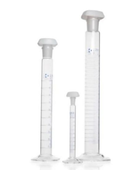 DWK DURAN Mixing Cylinder 10 ml, Class A, Batch Certificate, Blue Graduation, Hexagonal Base, Main Points Ring Graduation, NS 10/19, Plastic Stopper_1590002